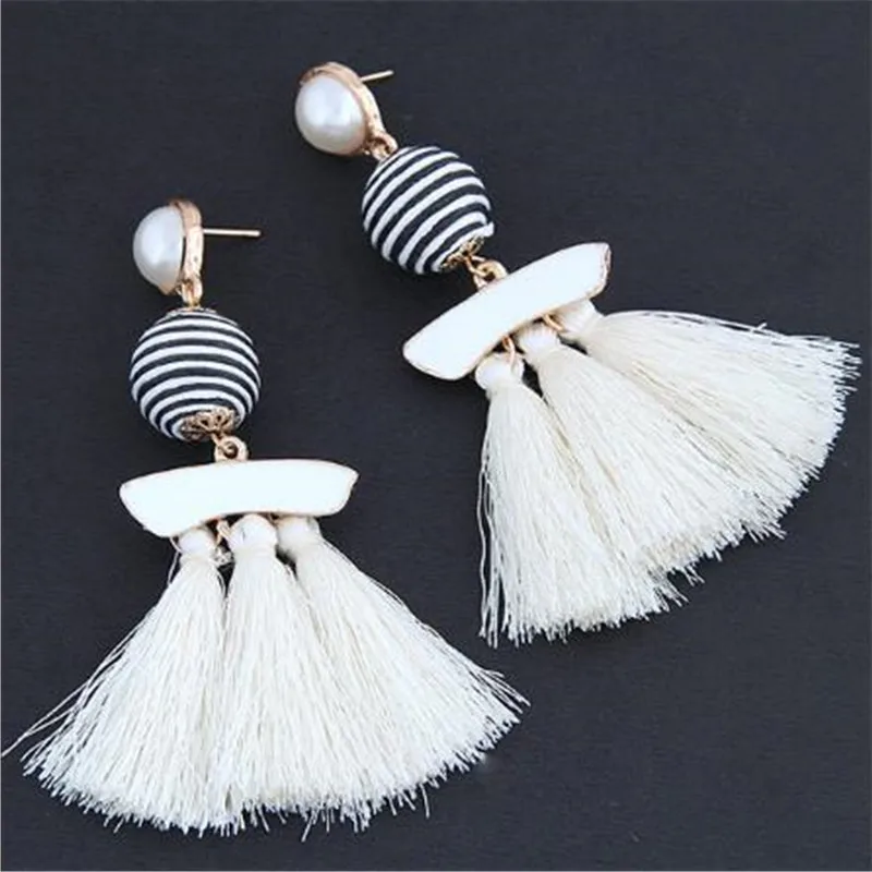 New Bohemia Simulated Pearl Resin Tassel Earrings Vintage Big stripe