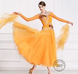 Настроить горный хрусталь оранжевого цвета с длинными рукавами фокстрот Вальс Танго Сальса бальный ча танец платье