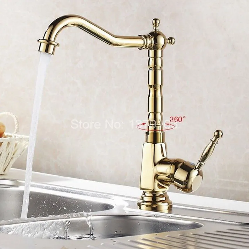 Golden Brass Kitchen Sink Faucet One Hole/Handle Modern Gold Color Mixer Taps Swivel Spout agf031