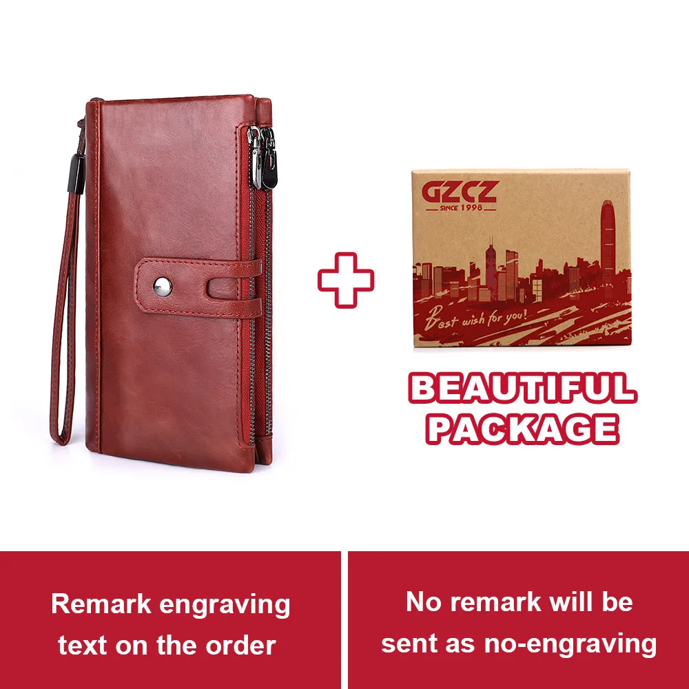 GZCZ мужской кошелек из натуральной кожи с бесплатной гравировкой, Винтажный Мужской клатч, Длинный кошелек, Карманный держатель для карт, зажим для денег - Цвет: Red-Box