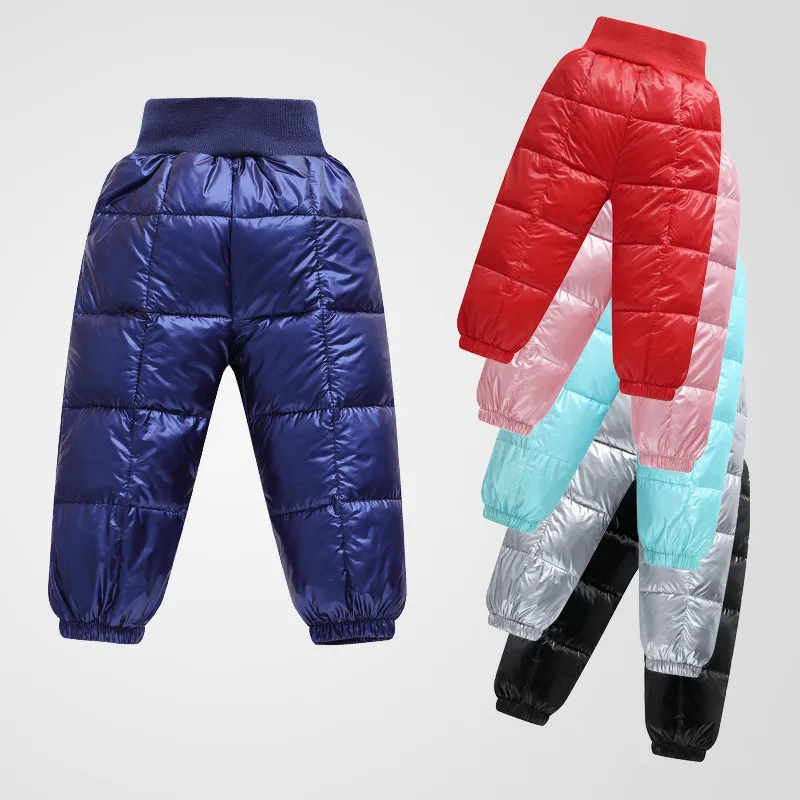 Детские брюки для девочек и мальчиков, длинные штаны, зимняя плотная теплая пуховая Детская осенняя одежда, водонепроницаемые зимние штаны