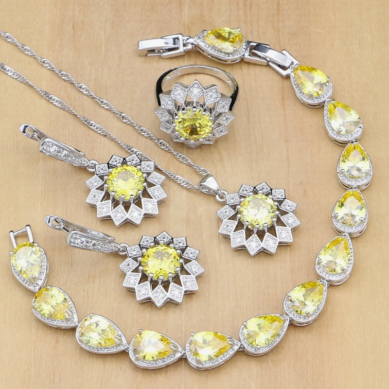 Sunflower 925 Silver Jewelry Sets Yellow Zircon Stones White CZ For Women Wedding Earrings