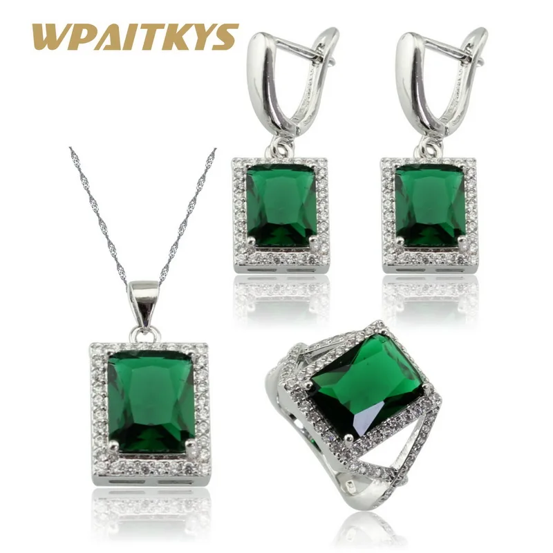

WPAITKYS Square Green Crystal White Stones Silver Color Jewelry Sets Necklace Pendant Earrings Rings For Women Free Gift Box