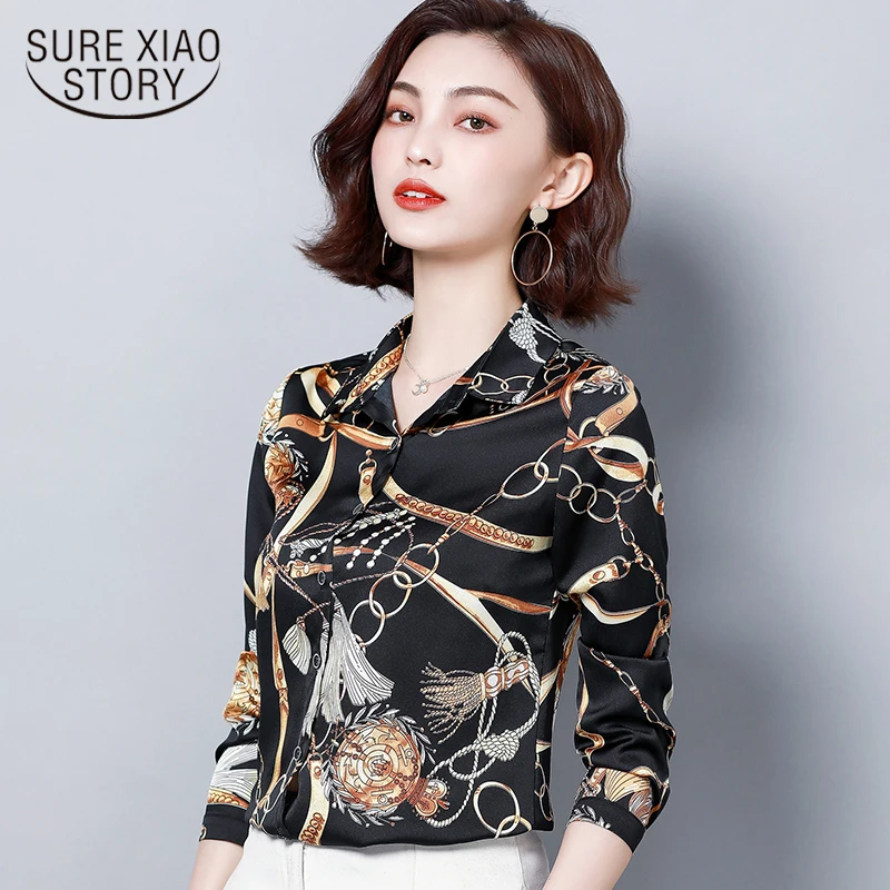 

Women Spring 2019 fashion trend womens tops and blouses Printed versatile lapel ladies top and inside and outside 2225 50