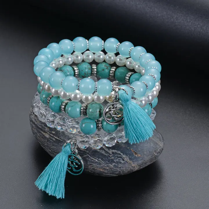 

Bright Moon Natural Crystal Stone Wrap Bracelet Pearl Yoga Fringe Multi-layer Bracelet Bohemian Style