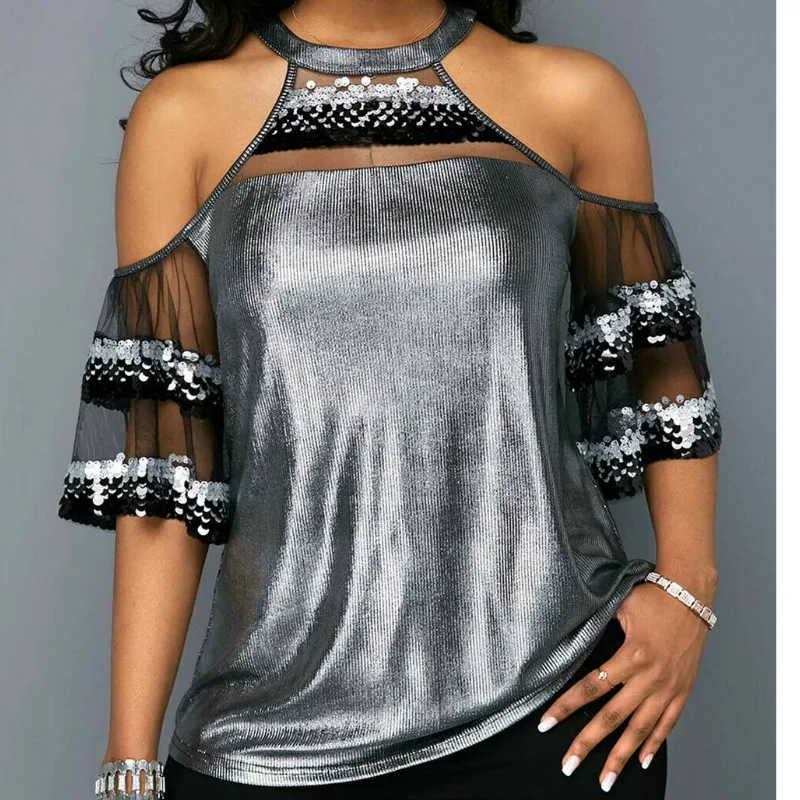 

Women Summer Retro Cold Shoulder Tops Ladies Short Sleeve Mesh Patchwork Casual Tops Plus Size S- 2XL