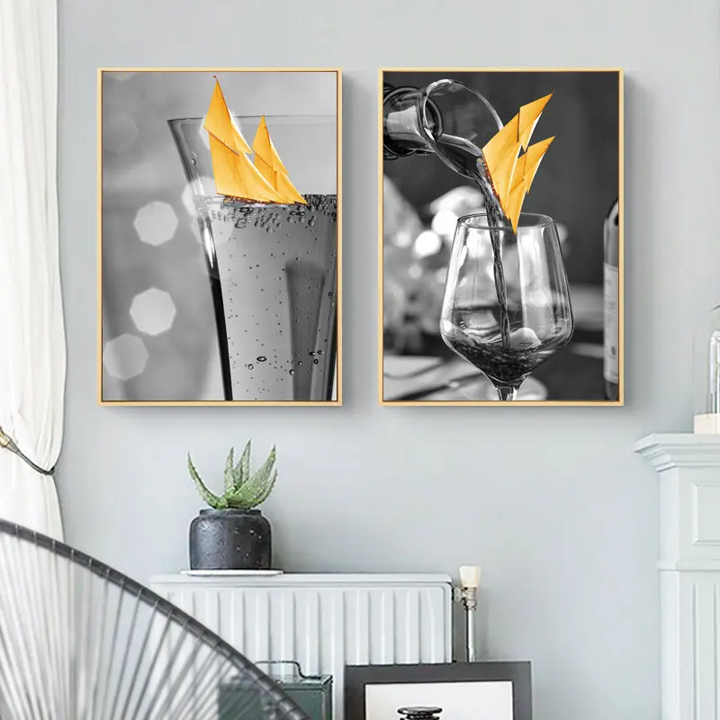 

Yellow Sailboat Picture Nordic Home Decor Canvas Painting Wall Art Boat Cup Wine Prints and Posters Decor Pating for Living Room