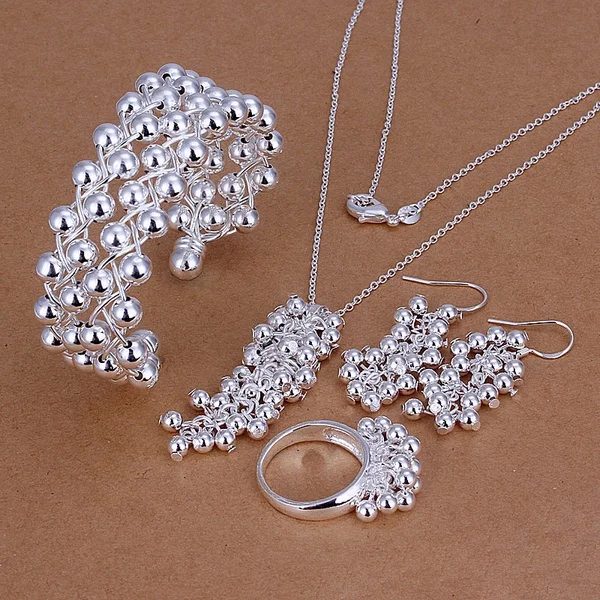 

Hot Christmas gift creative retro bead grape Wedding Earrings ring bracelet necklace fashion Silver color jewelry sets S277