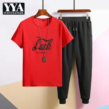 

2019 Fashion Men 2 Piece Sets Short Sleeve Letter Printing O-Neck T-Shirts And Elastic Waist Harem Pants Hip Hop Two Piece Sets