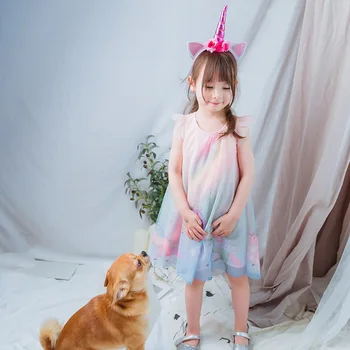 

5180 Fly Sleeve Unicorn Pattern Princess Baby Girl Dress New Summer Wedding Party Kid Dress For Girl Wholesale baby girl clothes