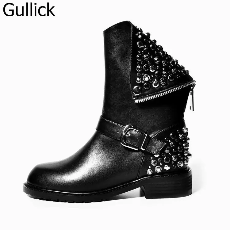 

Autumn Winter Top Selling High Quality Rivets Studded Riding Boots Back Zipper Crystal Round Toe Woman Ankle Leather Women Boots