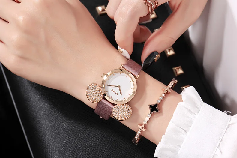 New Disney Watch Women Cute Mickey Mouse Gold Girls Watches Fashion Casual Rhinestone Waterproof Leather Luxury Hot - Цвет: Pink