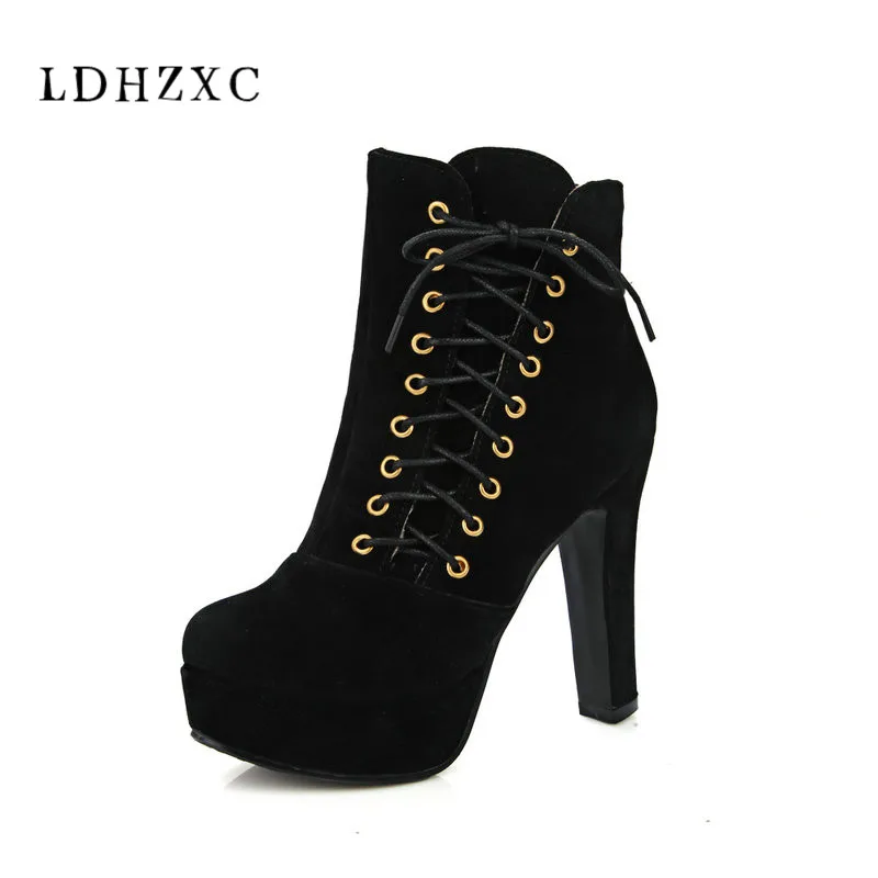

LDHZXC hot sale new arrive women boots fashion lace up ladies boots simple comfortable ankle boots platform big size 33-46