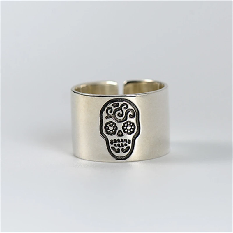 

Gothic Sugar Skull Sterling Silver 925 Wide Band Rings Women Mexico Style Fashion Pure Silver 925 Jewelry Free Ring Box Gifts