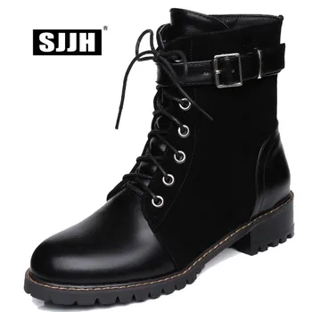

SJJH Woman Patchwork Ankle Boots with Round Toe Zip Cross-tied Short Martin Boots Comfort Casual Working Shoes Large Size Q138