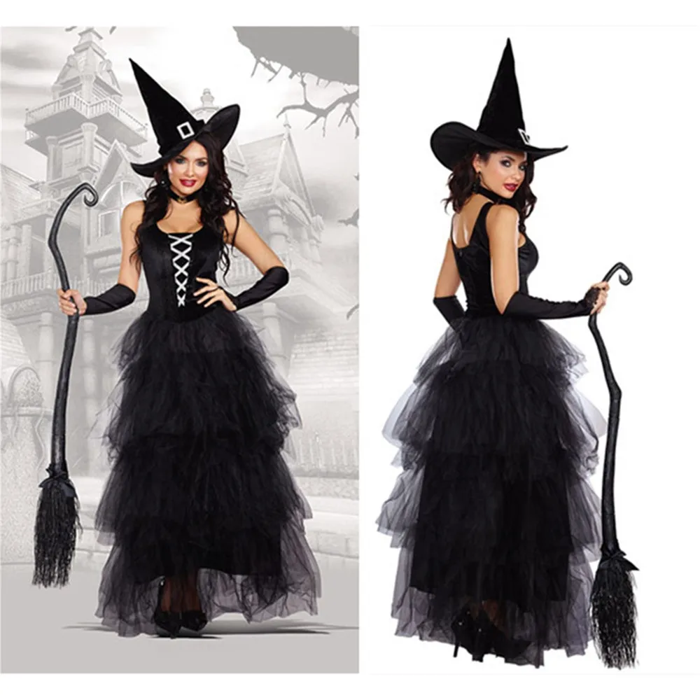 Черный готический костюм ведьмы для взрослых женщин Пурим Хэллоуин косплей вечерние маскарадные костюмы волшебников