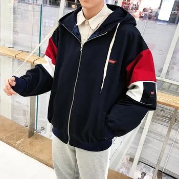 

2018 spring new hit color stitching loose version of the men hooded jacket young fashion classic casual hip-hop tide bran