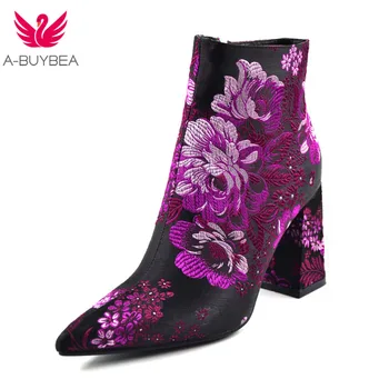 

2018 Spring/Autumn New Women Brand Shoes Fashion Embroidery 9cm High Heel Pointed Toe Floral Ankle Boots Square Heels boots