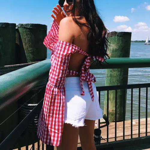 

Sexy Backless Off the shoulder Women Shirts Classical Red Plaid Casual Cotton Blouse Long Sleeve Shirt Crop Top