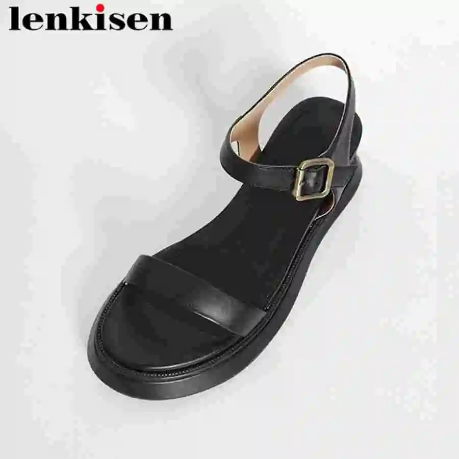 

Lenkisen pop preppy style slingback buckle strap med bottom natural leather peep round toe holiday young women daily sandals L09