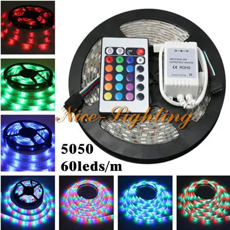 5 м/roll Водонепроницаемый SMD 5050 Гибкие светодиодные полосы, DC 12 В RGB Цвет внутренней отделки свет в полоску + 24 клавиши ИК-пульт дистанционного