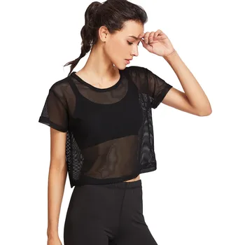

Women Black Mesh Cover Up Sports Meshed Top Dancing Fitness Tops Ropa Mujer Feminina #YL5