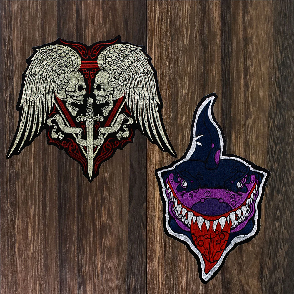 

1pc Embroidery Wings Skull Shark Patch Motorcycle Patch Biker Badge Punk Large Embroidered Iron on Patches for Clothes TH1533