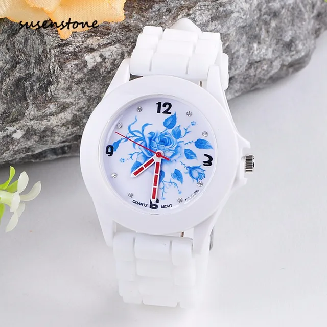 Susenstone Brand Women Watch Silicone Rubber Jelly Blue Floral Ladies Casual Bra Susenstone Brand Women Watch Silicone Rubber Jelly Blue Floral Ladies Casual Bra