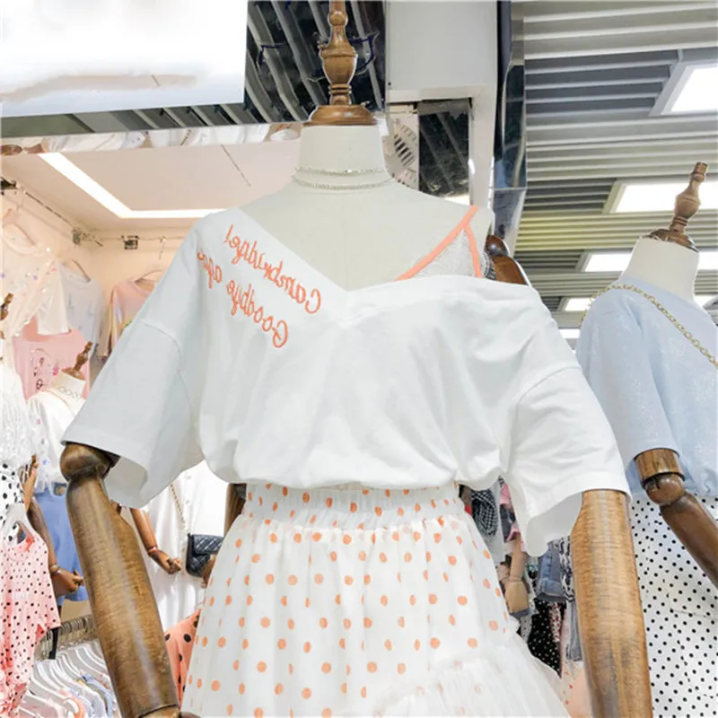 

3 colors 2019 summer korean style faux two pieces letter embroiderytops short sleeve t-shirts womens tee shirt femme (ym518)