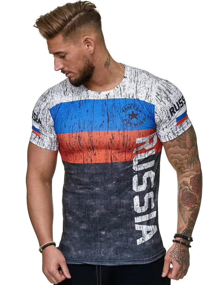 Летняя мужская повседневная модная футболка с российским флагом, с круглым вырезом, крутая и легкая мужская футболка - Цвет: TX-QT-0599
