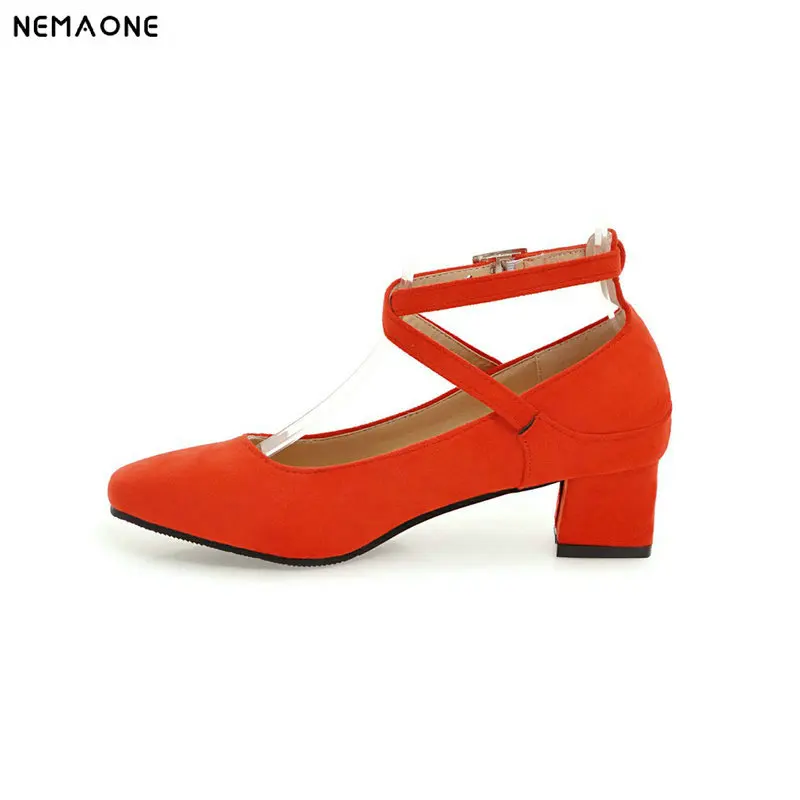 

NEMAONE New dancing shoes woman low heels shoes buckle flock women pumps casual ladies pumps large size 34-43