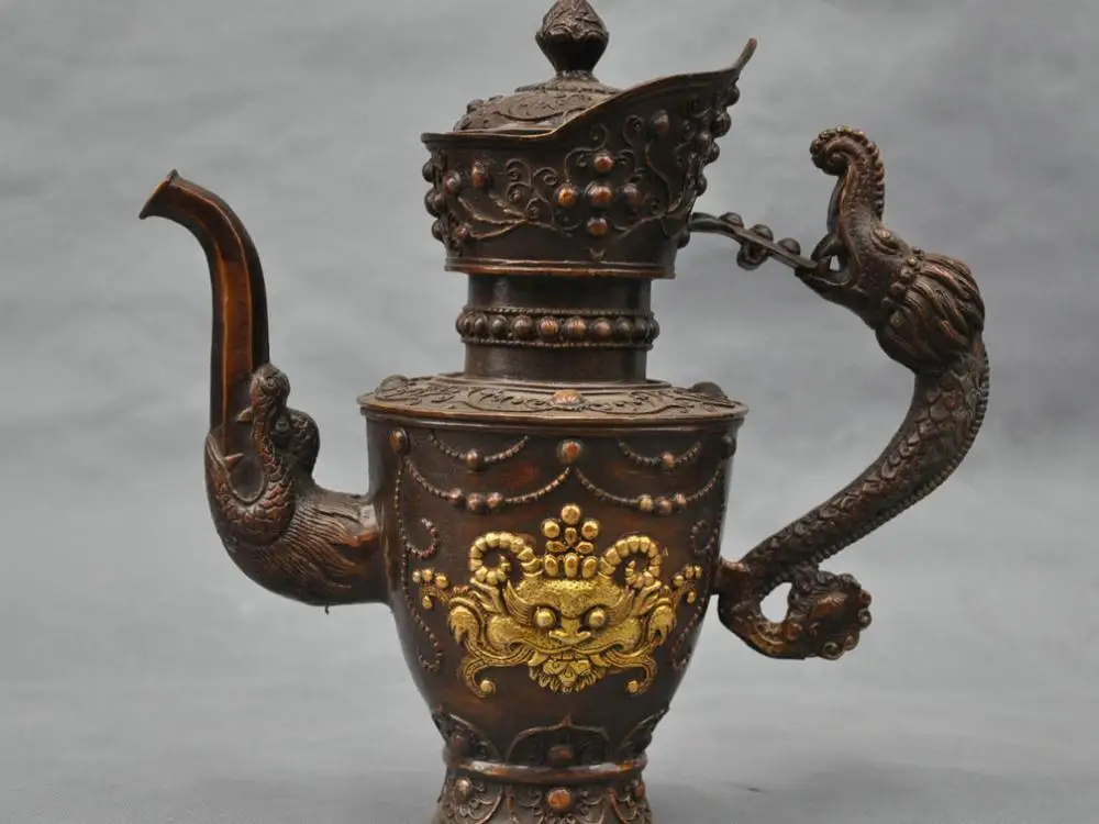 

10'' China Bronze Wine Pot Carve Two Dragon Demon Statue Figurine