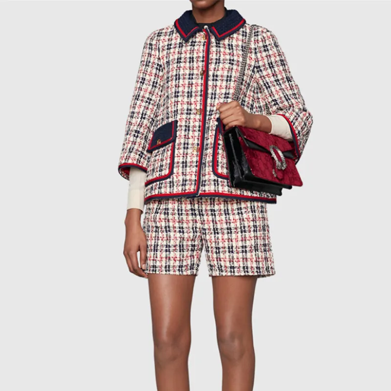 

Luxury Brand Summer 2 Piece Set Vintage Plaid Turn-down Collar Three Quarter Tweed Top and Shorts Runway High Quality Set