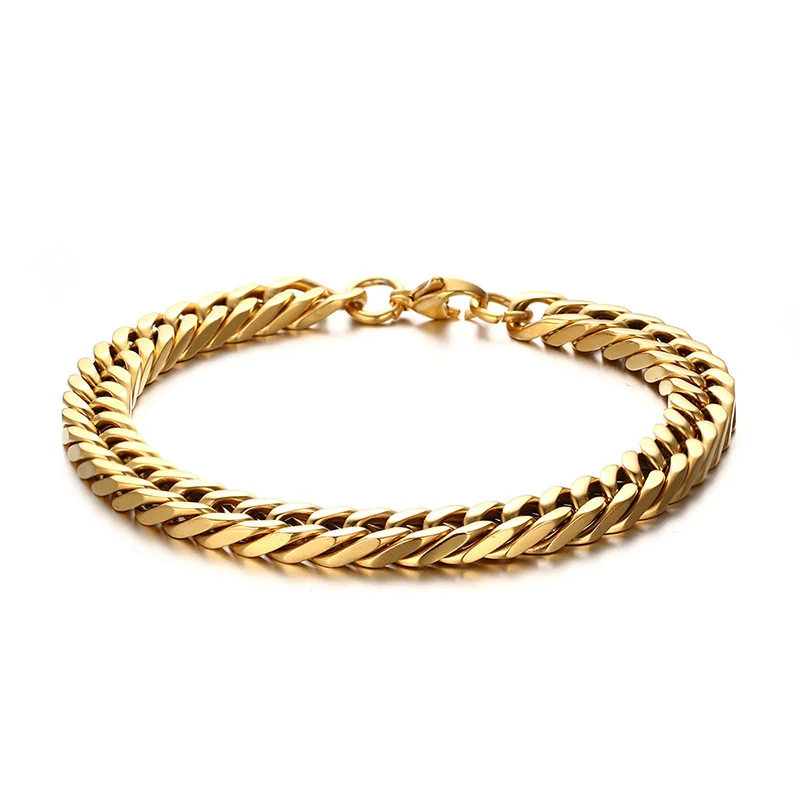 

Mens Golden Stainless Steel Double Miami Flat Edge Cuban Link Chain Bracelet for Male Hip Hop Men Jewelry 8.6 inch