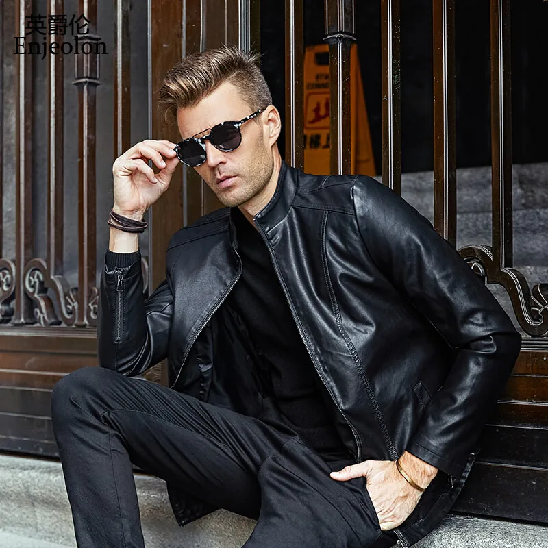 Мужская мотоциклетная куртка Enjeolon черная большого размера 3XL P202|male leather jacket|brand