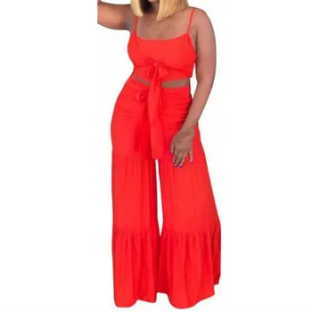 

Women Spaghetti Straps Two Piece Set Crop Top And Wide Leg Pants Beach Outfits Summer Casual Front Tie Sexy Suits