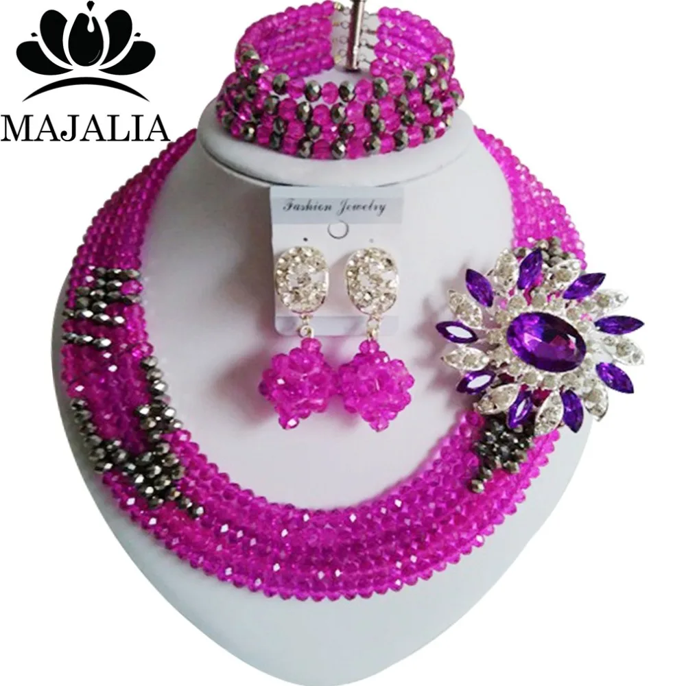 

Majalia Fashion Nigeria Wedding African Beads Jewelry Set Purple and Silver Crystal Necklace Bridal Jewelry Sets 5VU022