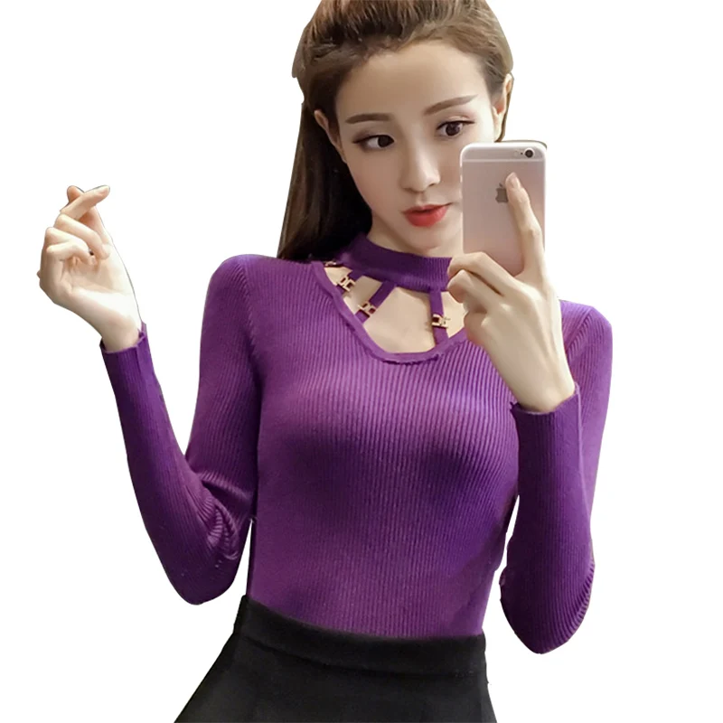 

2018 Autumn Sexy Women Sweater And Pullover Hollow Round neck Female Tops Casual Solid color Knitted Pullovers Pull femme