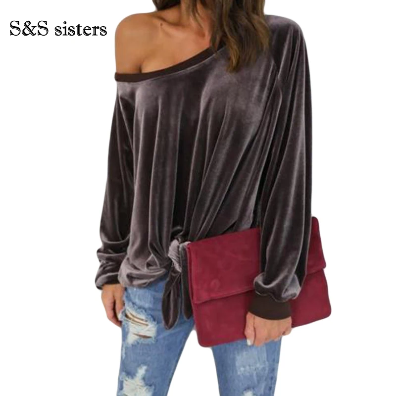 S & S zusters Plus Size Een Schouder Uit Lange Mouwen T-shirt Tops Vrouwen Korte Fleeced Lente Herfst Tops boog Deco