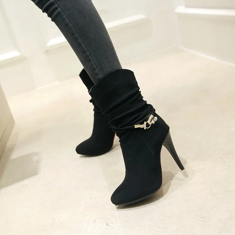 

Big Size 11 12 13 14 15 Ma'am Fine heel Short boots Pure color Metal decoration Boot barrel High heel boots