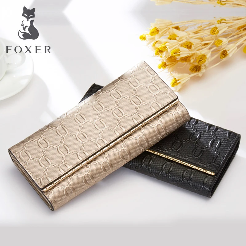 

FOXER Women Leather Long Wallet New Fashion Clutch Purse For Lady Female Cowhide Iphone Cellphone Bag Hasp Wallets For Girl