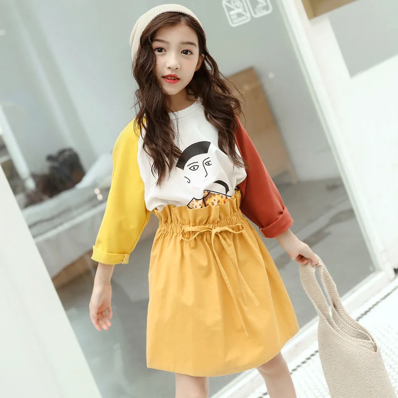 

Children Clothes Set 2019 Summer Teenage Girls Clothing Long Sleeve Print Shirt + Skirt 2pc Kids Teen Outfits Suits 8 9 10 12 14