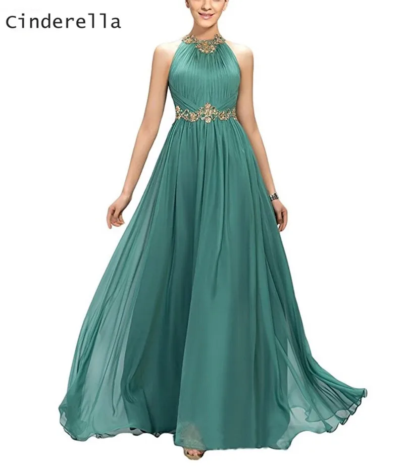 

Cinderella Halter Sleeveless Zipper Back Floor Length A-Line Lace Applique Crystal Chiffon Evening Dresses Party Prom Gowns