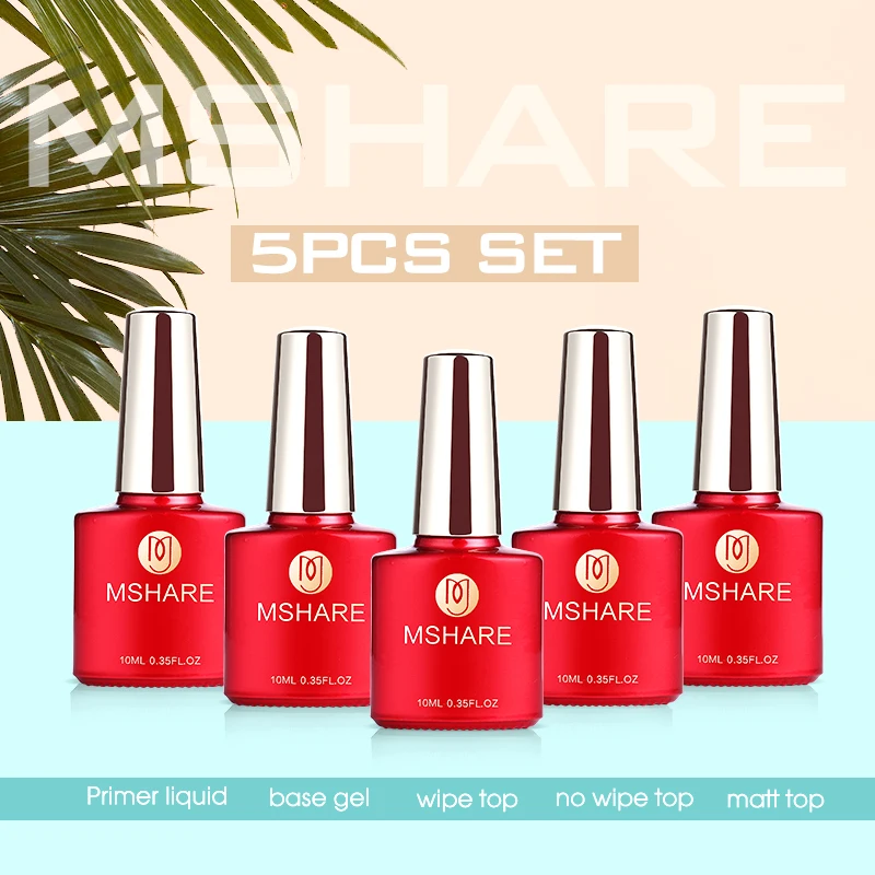 

MSHARE Primer Base Top Coat Long Time Shinning Soak off Gel Nail Polish No Sticky Layer Non-cleansing 5pcs Set