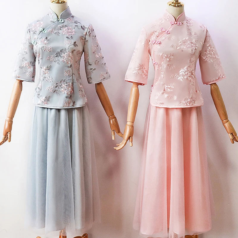 

S-XXL 2pcs/set Fashion Sleeve Embroidery Vintage Modern Chinese Wedding Dress Traditional Pink Chinese Dress Qipao Cheongsam