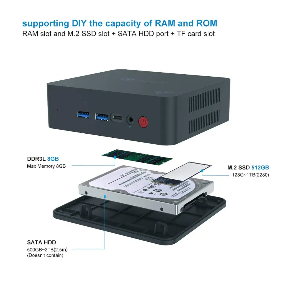 Beelink U55 Мини ПК процессор Intel Core I3-5005U(Intel Hd изображение 5500), Ddr3L 8 Гб Ram/512 ГБ Ssd/Diy Hdd 1000 Мбит/с Lan 2,4/5,8G