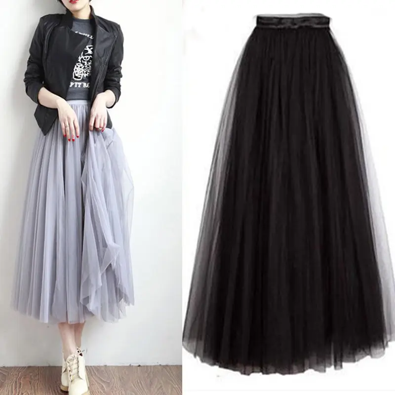 

Spring New Korean Women Skirts Was Thin Pleated Skirt A-Line Net Yarn Long Solid Color Skirt Female Fall Fairy Mesh Jupe MZ2493