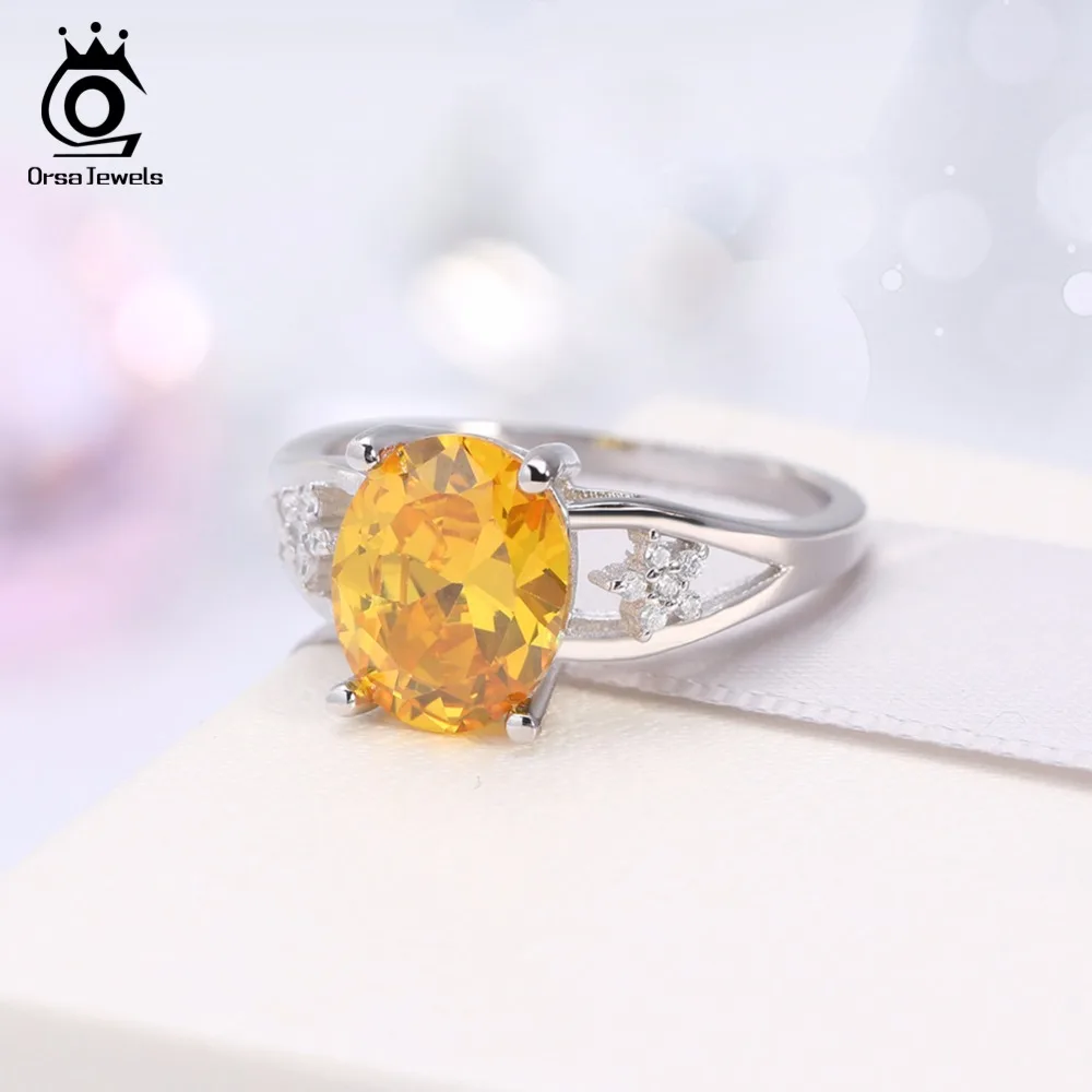ORSA JEWELS Female Wedding Band Prong Setting AAA Yellow Cubic Zircon Women Rings Engagement Finger Ring Fashion Jewelry AOR56