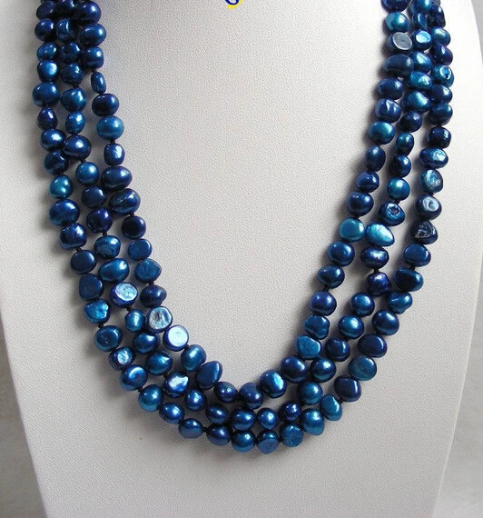 

Free shipping@@@@@ A 16" baroque 3row navy blue freshwater pearls necklace a