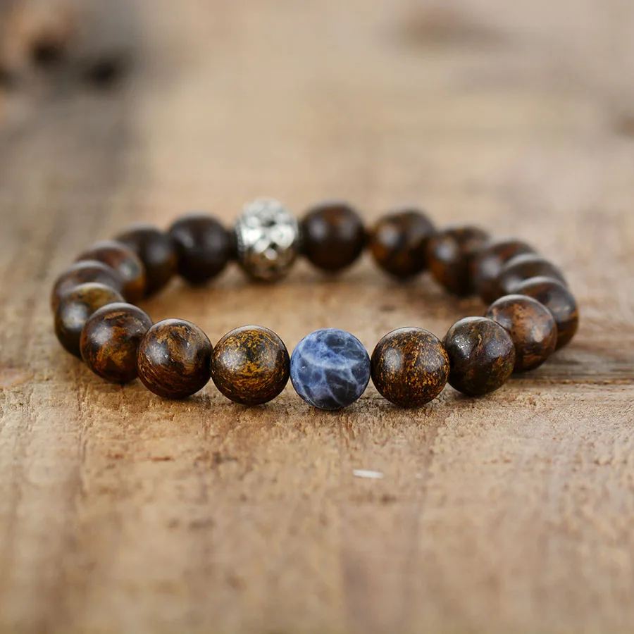 Men Punk Bracelet 10mm Bronzite Stone Tibetan Beads Women Stretchy Bracelets Yoga Mala Elastic Charm Bracelets Jewelry